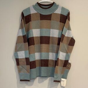 NWT Paipuer Checkered Crewneck Sweater - Brown, Blue, and Tan - Size Large